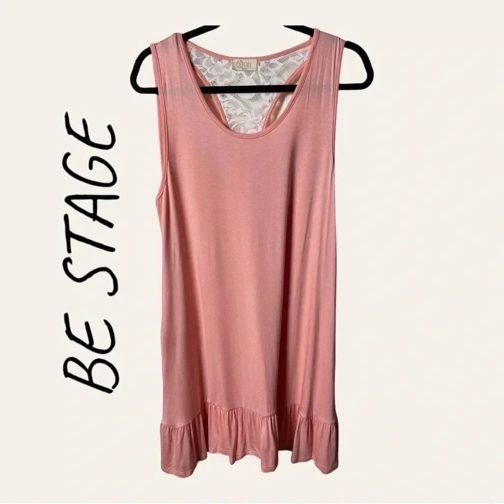 0407W. BE STAGE KNEE LENGTH DRESS PEACH‎ IN COLOR WITH LACE SIZE LARGE